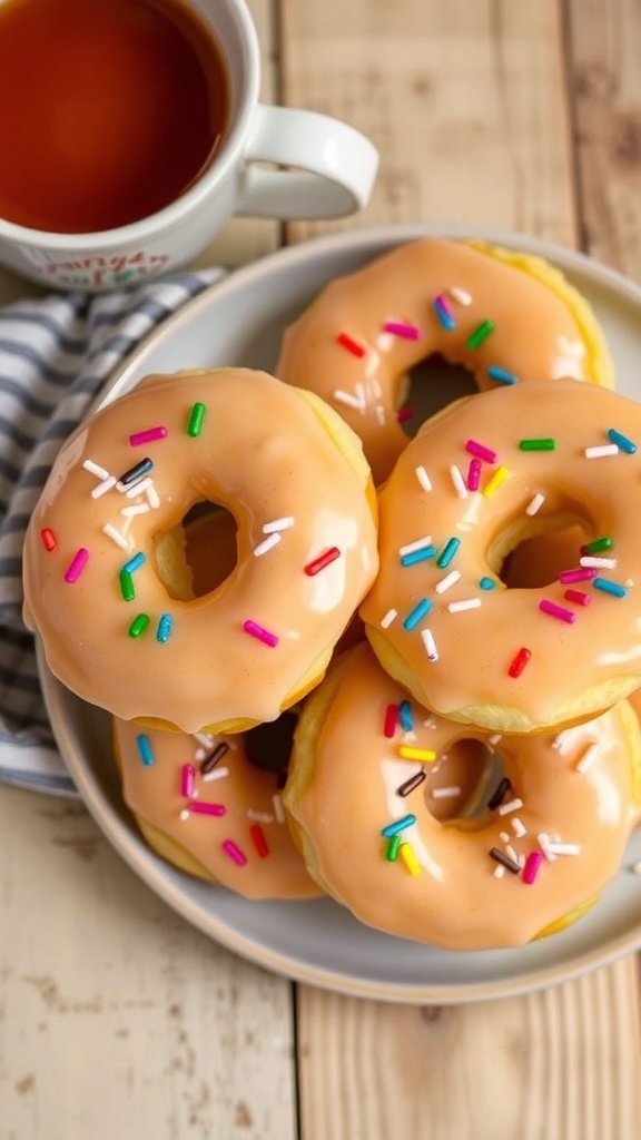 A plate of glazed vanilla donuts with sprinkles on a wooden table next to a cup of coffee.